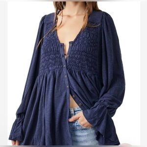 Free People Don’t Call Me Baby BoHo Smocked Button-Up Oversized Tunic Blouse Top